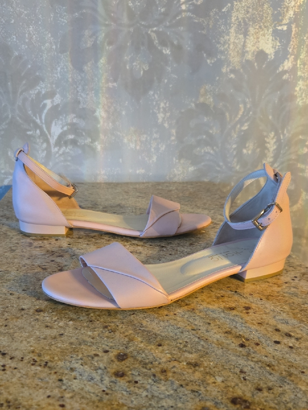 Leather Ankle-Strap Flat Sandals in Light Pink